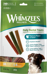 Whimzees Natural Grain Free Dental Dog Treats, Stix Medium 14 Pcs
