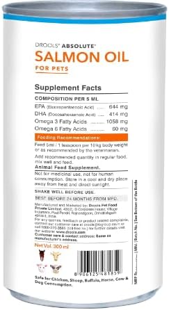 Drools Absolute Salmon Oil Syrup Dog Supplement, No Artificial Flavors or Preservatives Promotes a Smooth, Lustrous Coat Breeds and Ages - 150 Ml