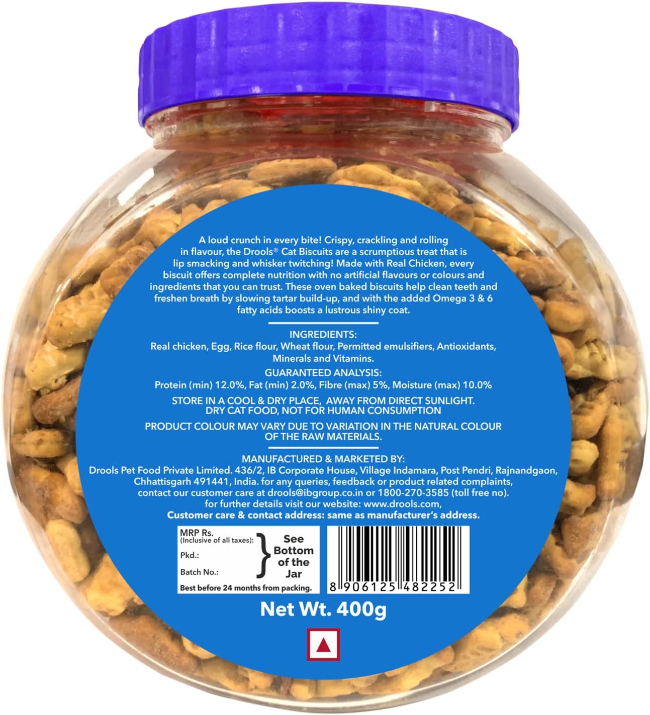 Drools Cat Biscuits, Real Chicken, 400 Gm | Oven Baked, Crunchy, No Artificial Ingredient, High In Nutrition, Prevents Tartar Build-Up | Train & Build Bonds | For Kitten & Adult Cat