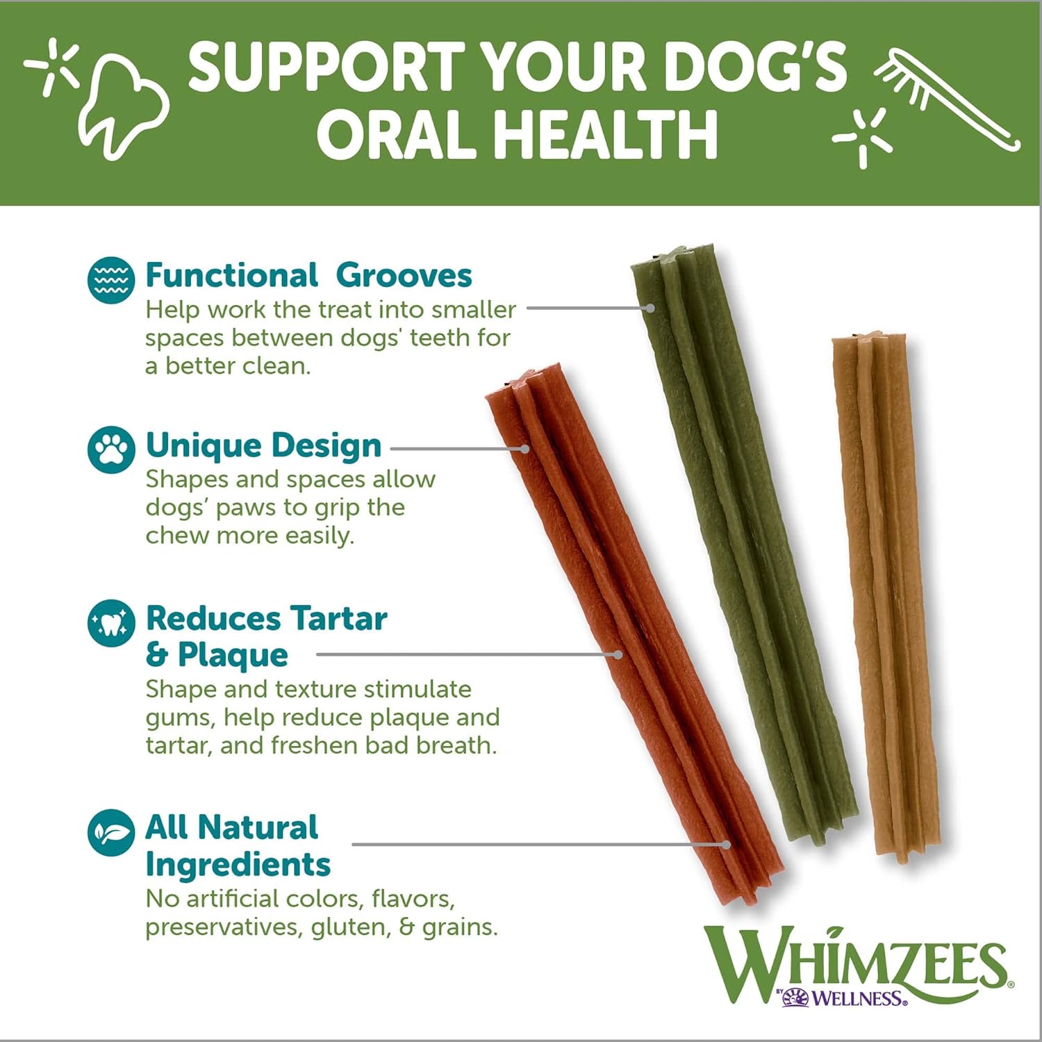 Whimzees Natural Grain Free Dental Dog Treats, Stix Medium 14 Pcs