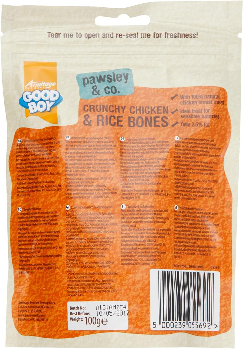 GOOD BOY Armitage Crunchy Chicken & Rice Bones Dog Treats 100g