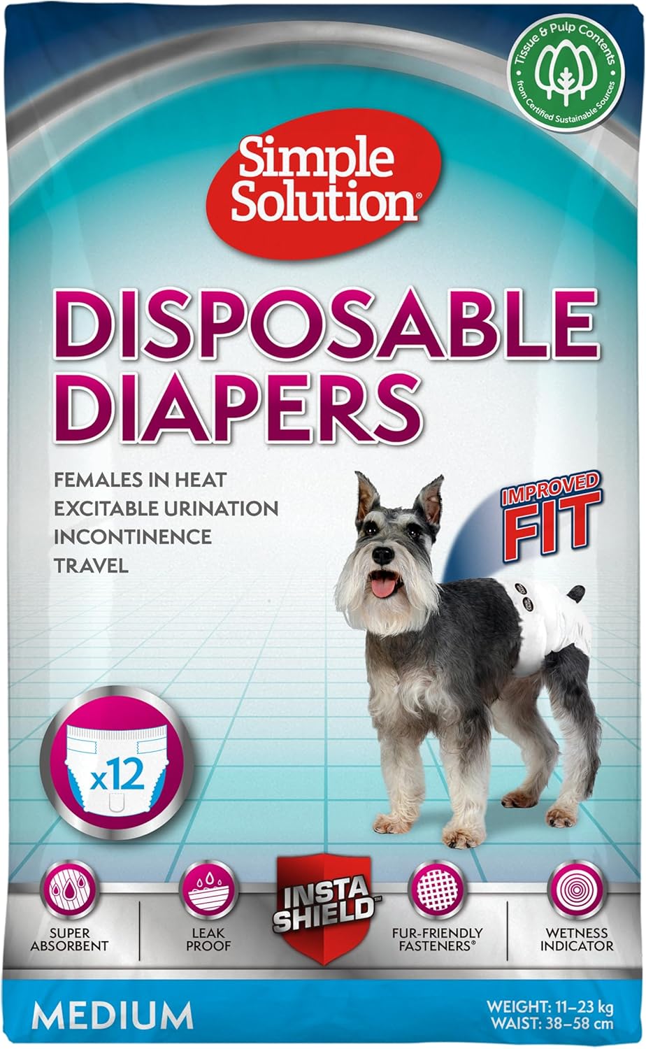 Simple Solution Disposable Female Dog Diapers, White, Medium, Pack of 12, M (Pack of 1)