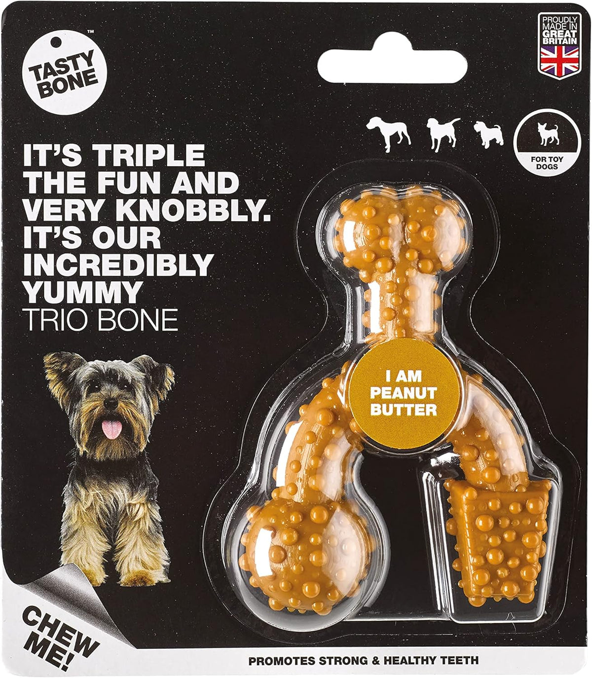 Tasty Bone TrioBone | Nylon Dog Chew for Toy Dogs (Peanut Butter Flavoured) | Exceptionally Tough, Promotes Healthy Teeth & Gums | Triple The Fun | (Made in the UK from 100% Virgin Nylon)