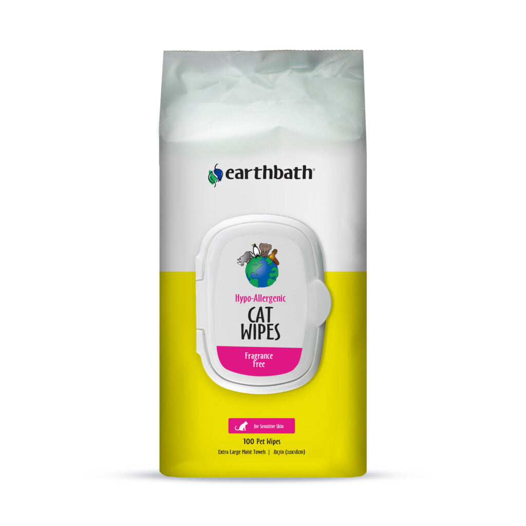 Earthbath® Hypo-Allergenic Cat Grooming Wipes, Fragrance Free, Cleans & Conditions, 100 ct plant-based wipes in re-sealable pouch