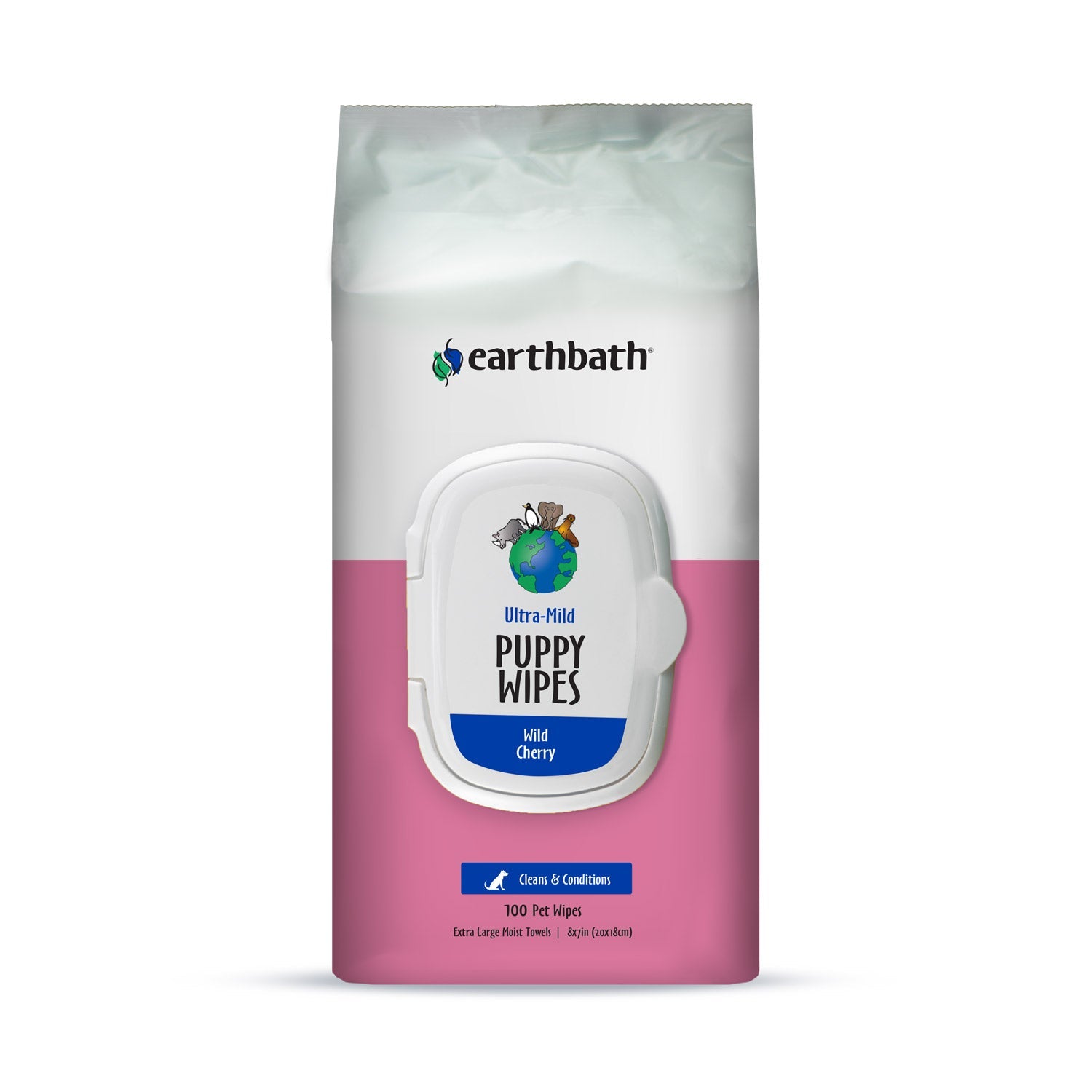 Earthbath® Ultra-Mild Puppy Wipes, Wild Cherry, Cleans & Conditions, 100 ct plant-based wipes in re-sealable pouch